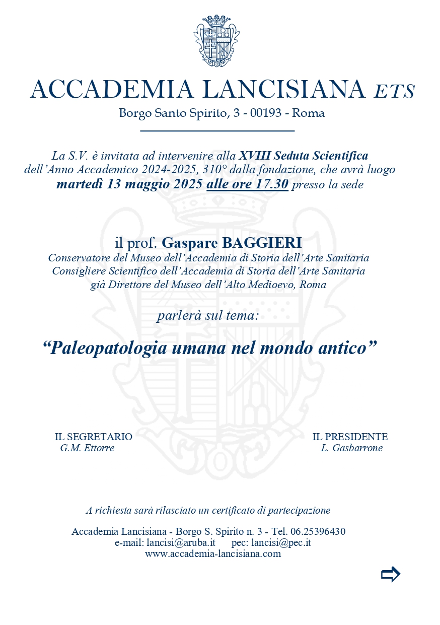13 maggio XVIII Seduta Accademia Lancisiana “Paleopatologia umana nel mondo antico”